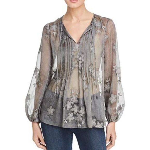 Elie Tahari grey chiffon Hallie blouse with floral embroidery, size S. - Picture 1 of 9